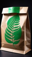 A brown craft bag with a green leaf on it. The bag is made of paper and green leaves are drawn on the bag. Ecology theme. Eco-friendly dishes.