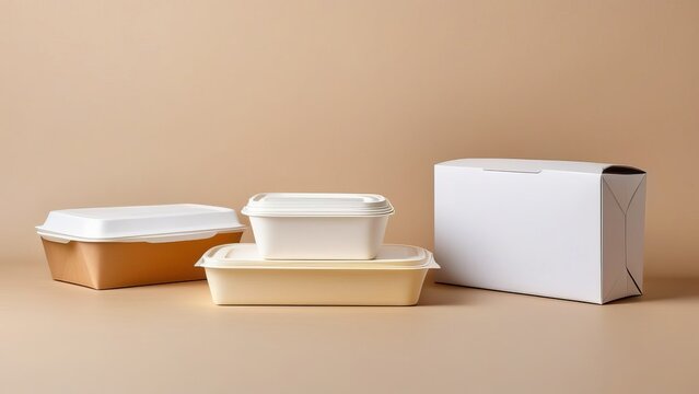 A row of cardboard boxes with a brown color. The boxes are stacked on top of each other. Ecology theme. Eco-friendly dishes.