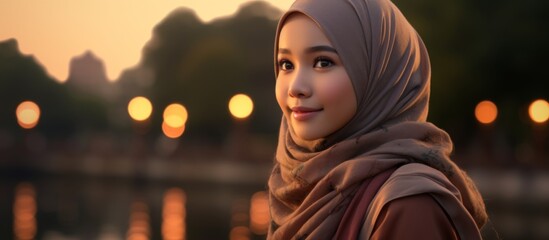 A woman with layered hair wearing a hijab is smiling in front of a body of water, happy to be at a travel event near a building. Her long hair flows over her thigh, having fun despite the darkness - obrazy, fototapety, plakaty