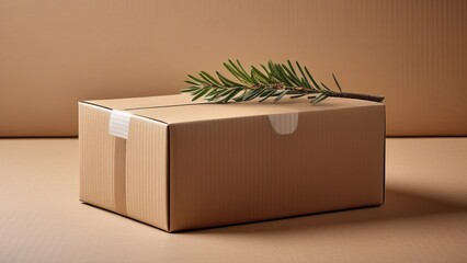 A brown box with a green branch tied to it. The box is sitting on a table