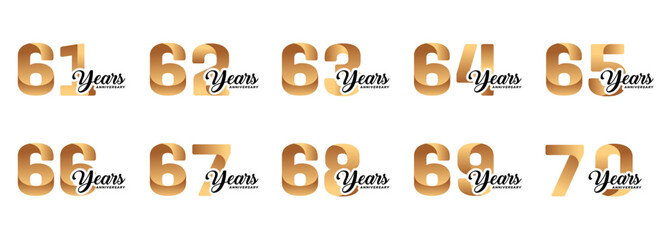 set of anniversary logos from 61 year to 70 years with gold numbers on a white background for celebratory moments,celebration event.