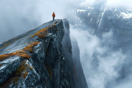 Lone Hiker Traversing Treacherous Mountain Ridge Amid Dramatic Clouds and Fog