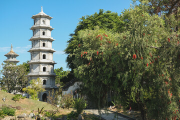 Fukushūen traditional Chinese garden in the Kume area of Naha, Okinawa Japan with pagodas and...