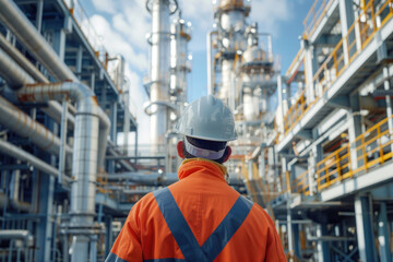Fototapeta premium Back view of engineer wearing safety clothes and hardhat at industrial plant. Industrial zone area, Generative Ai