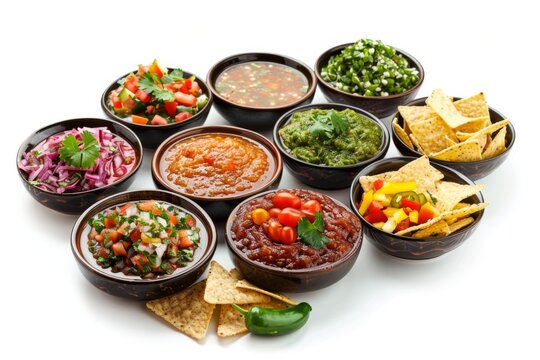 A colorful array of salsa flavors in small bowls, along with fresh tortilla chips for dipping.
