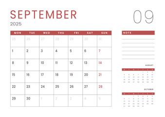 Monthly page Calendar Planner Templates of September 2025. Vector layout of simple calendar with week start Monday for print. Page for size A4 or 21x29.7 cm