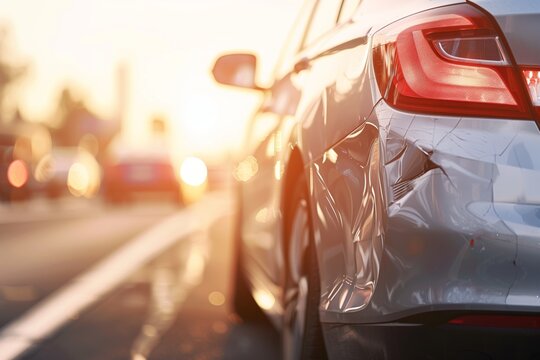 Close up of a silver car accident on the road with a sunlight background