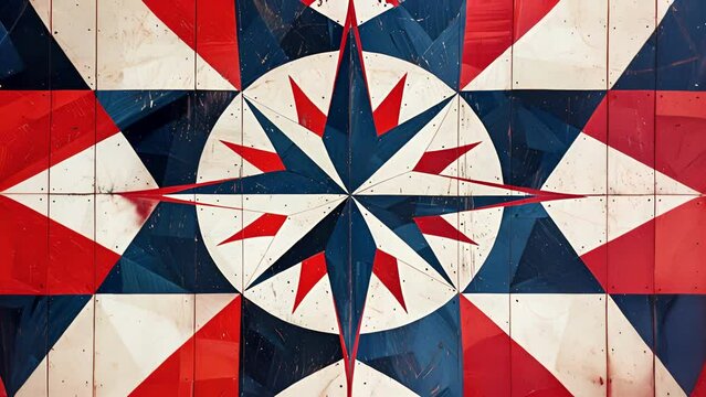 A detailed shot of a yacht deck with a bold geometric pattern in shades of red navy blue and white. The symmetrical shapes resemble the compass rose adding a touch of maritime