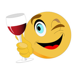 Expression de visage sur émoticône d'un homme souriant faisant un clin d'oeil avec dans la main un verre de vin	