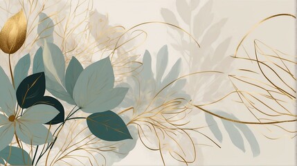 Abstract art background vector. Luxury minimal style wallpaper with golden line art flower and botanical leaves,