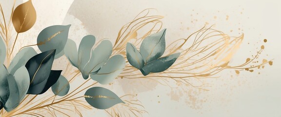 Abstract art background vector. Luxury minimal style wallpaper with golden line art flower and botanical leaves,