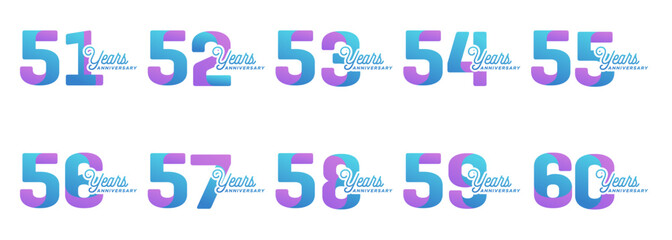 collection of anniversary logos from 51 years to 60 years with colorful modern numbers on a white background for celebratory moments, celebratory events.