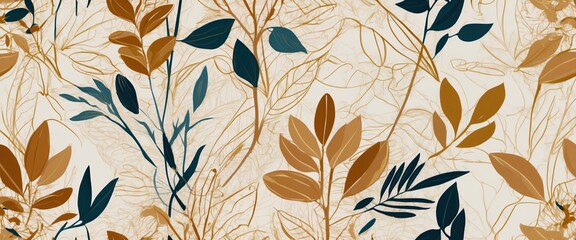 Abstract art background vector. Luxury minimal style wallpaper with golden line art flower and botanical leaves,