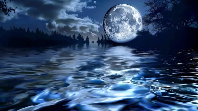 The full moon reflects on the lake's surface, shimmering in a silvery glow. The stillness of the water and the moonlight evoke a mystical atmosphere. 