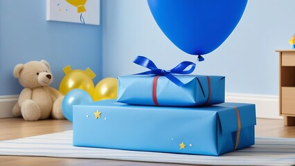 A blue box with balloons on top of it. The room is decorated with balloons and blue boxes. The room is decorated for a baby shower. The room is decorated in a baby boy style.