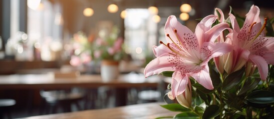 A beautiful bouquet of pink lilies, a type of flowering plant, is elegantly displayed on a wooden table in a cozy restaurant setting - obrazy, fototapety, plakaty