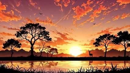 Raamstickers silhouette sunset on the lake © abdelaziz