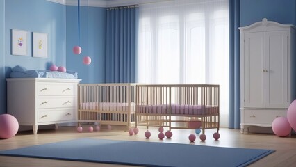 A room with two cribs and pink and blue balloons. The room is decorated for a baby shower