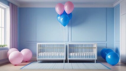Two cribs with a blue and pink color scheme and a panda picture on one of them
