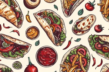 Vibrant hand-drawn patterns of popular Mexican cuisine, featuring tacos, burritos, peppers, and more.