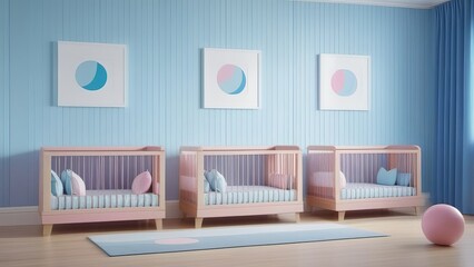 Three cribs are in a room with blue walls and pink curtains