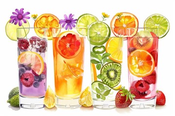 Illustration of colorful, fruity beverages in vibrant hues, perfect for a refreshing summer treat.