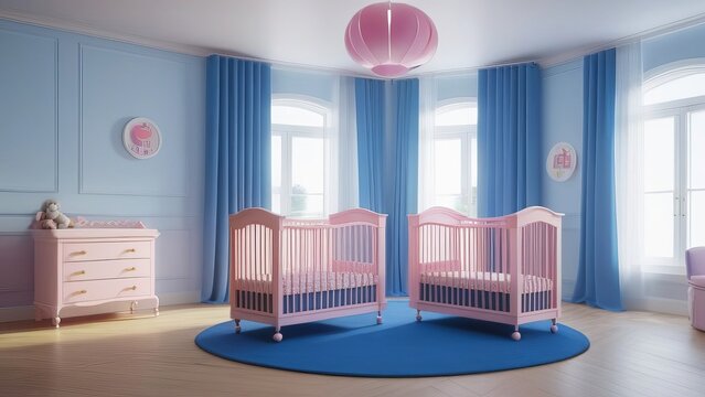 Two twin beds with pink and blue drawers and pink and blue pillows