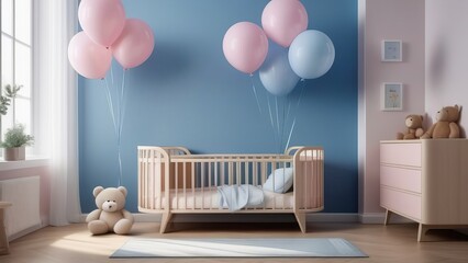 A room with a pink and blue balloon arch and a pink chair. The room is decorated in a baby nursery style