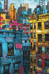 city skyline, graffiti. AI generative