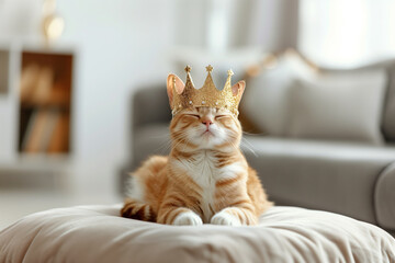 Cute striped cat proudly wearing a crown at home. Treating your pet as a king or queen. Feline royalty resting on a pillow in cozy living room.