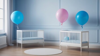 A blue room with a blue crib and a blue rocking chair