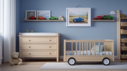 A nursery room with a blue wall and a wooden crib with a toy truck on it. The room is decorated with a lot of toys and stuffed animals