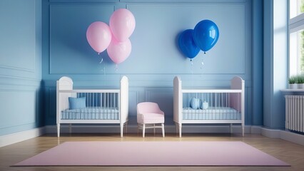 A blue room with a blue crib and a blue rocking chair