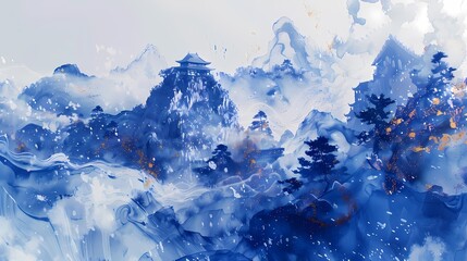 Fototapeta na wymiar Chinese landscape ink illustration poster background