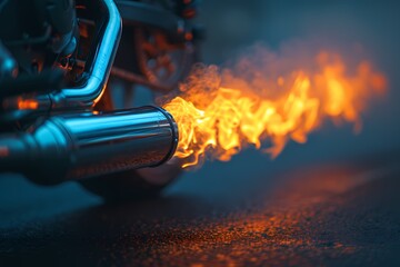 A close-up shot of a sport bike's chrome exhaust pipe, emitting a subtle trail of smoke