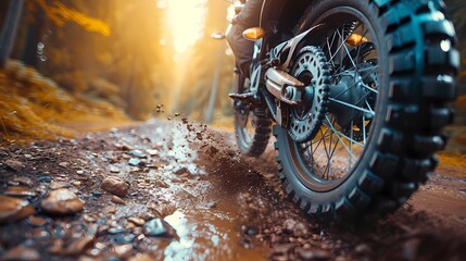 A close-up shot of a sport bike's front wheel kicking up gravel as it takes a sharp turn on a dirt trail - obrazy, fototapety, plakaty