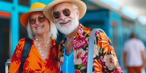 Cheerful senior couple ready to go travelling together. Retired man and woman waiting to board a...