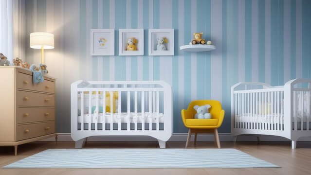 A nursery with a blue and white striped wall and a yellow chair. There are two cribs and a dresser