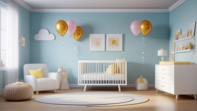 A white crib with a yellow toy car on top of it. The room is decorated with a blue wall and a brown dresser