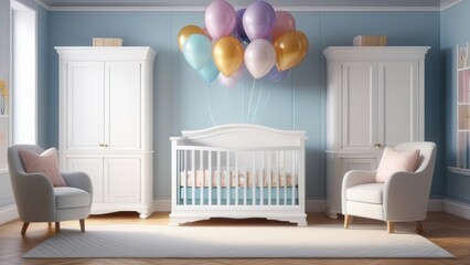 A room with a white crib and a blue chair. The room is decorated with balloons and a balloon is floating above the crib