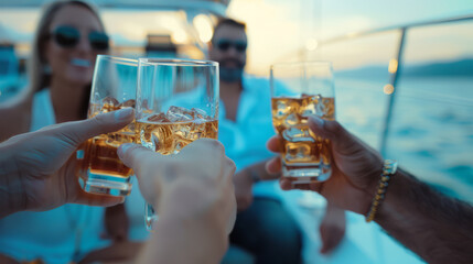 A group of friends having fun drinking whiskey together. While sailing on a luxury yacht at sea.