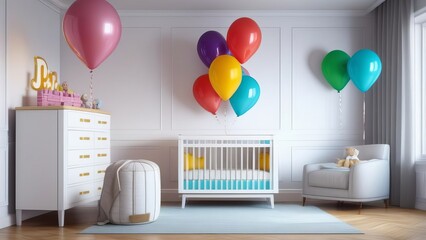 A room with a white crib and a blue chair. The room is decorated with balloons and a balloon is floating above the crib