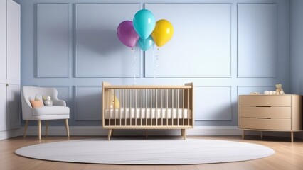 A nursery room with a crib, a chair, and a dresser. The room is decorated with balloons and a balloon bouquet hanging from the ceiling