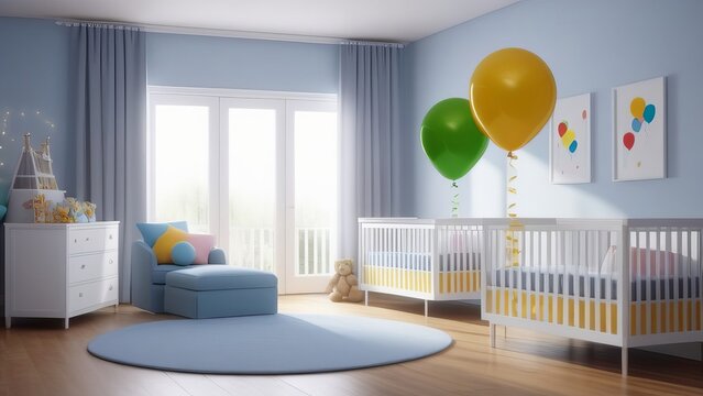 A nursery room with two cribs and a blue chair. The room is decorated with balloons and a teddy bear