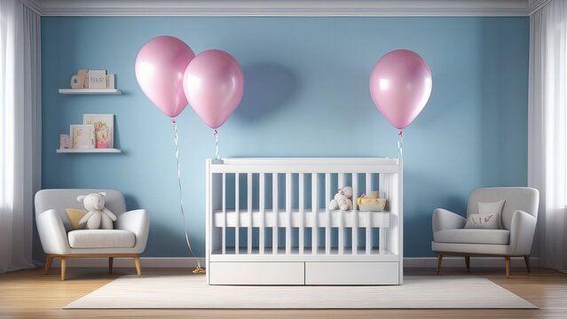A nursery with a pink and blue wall and a white crib. There are many balloons scattered around the room, including some on the floor and some on the crib