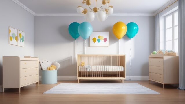 A nursery room with a crib, dresser, and a rug. The room is decorated with balloons and a picture of balloons on the wall