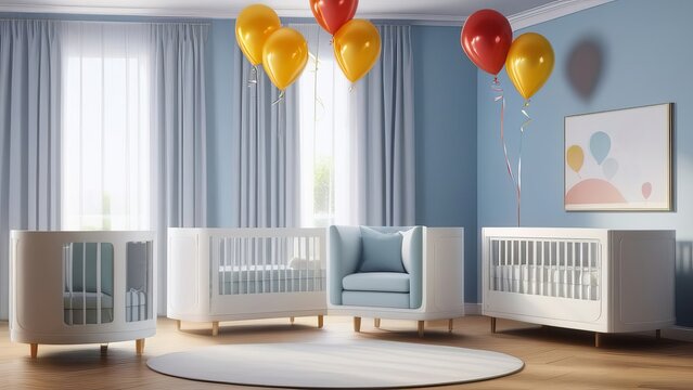 A room with a blue wall and a white crib. There are three white cribs and a blue chair. The room is decorated with balloons and a picture on the wall
