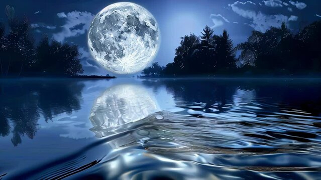 The full moon reflects on the lake's surface, shimmering in a silvery glow. The stillness of the water and the moonlight evoke a mystical atmosphere. 