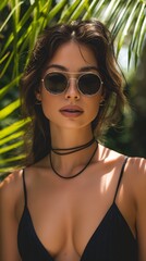 Sultry woman with sunglasses among palm leaves - obrazy, fototapety, plakaty