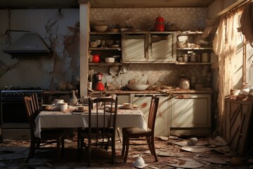 A cluttered kitchen with a dusty table and chairs, evoking neglect and disorganization in a fractured home of war destruction. Generative AI - obrazy, fototapety, plakaty